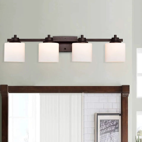 Solbi Contemporary 4 Light Oil Rubbed Bronze Bath Vanity Fixture 33 Inch Wide With Frosted Etched Glass Uplight And Downlight