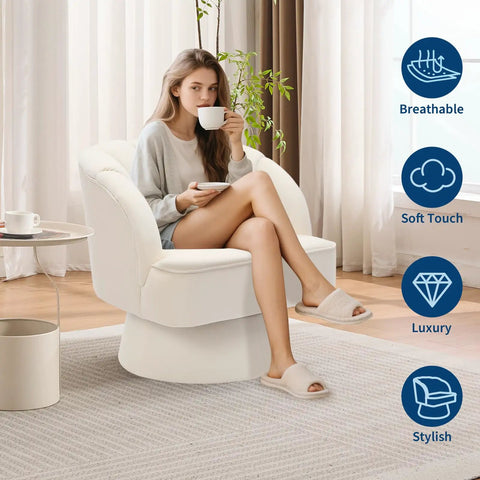 Woman relaxing with coffee on Velvet Swivel Barrel Chair With Plush Padding And Striped Backrest, Beige, 360 Degree Rotation