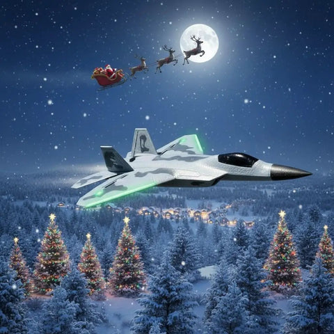 Dope Remote Control Jet Plane With Extra 3 Batteries, LED Lights flies over snowy landscape with Santa and reindeer in the background.