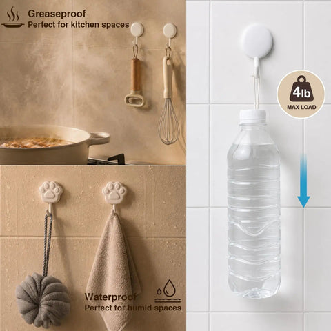 Top Shelf White Self Adhesive Wall Hooks Featuring Chic Paw And Oval Designs For Quick Snap Installation Stress Free Nano Adhesive Stripes hang kitchen tools and towels securely.