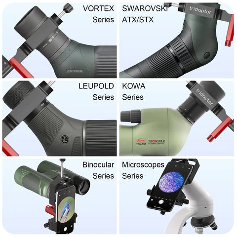 Universal Phone Digiscoping Adapter For Spotting Scopes And Telescopes With 3-Axis Alignment showcased with various scopes.