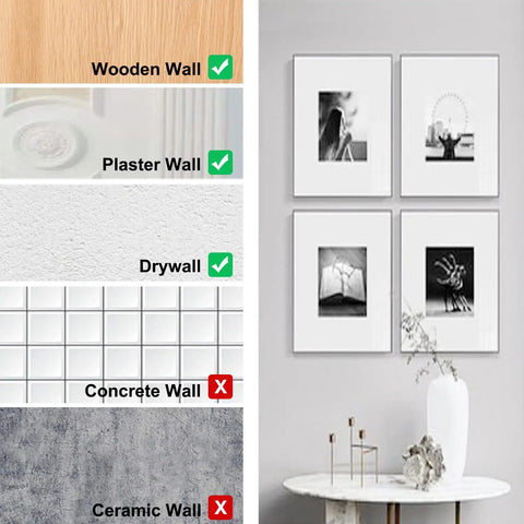 Image of wall suitability guide for 72 Piece Picture Hanger Kit With 4 Sizes and Iron Alloy Nail Hooks For 10 To 60 Lbs, showing compatibility with wood, plaster, drywall.