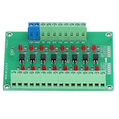 Top view of Eight Channel Optocoupler Isolation Module for PLCs 24V Input to 3V3 and 5V Logic Level Shifter Optical Isolation Board
