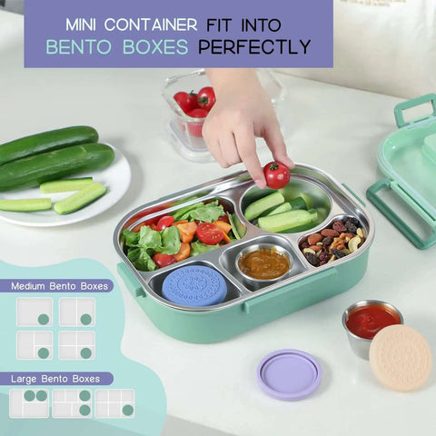 Lunch bento box with Eight Pack 2.4oz Stainless Steel Condiment Containers With Leakproof Silicone Lids filled with veggies and snacks