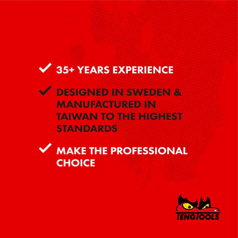 Red graphic with text highlighting Teng Tools' 35+ years experience, Swedish design, Taiwanese manufacturing, and professional quality.