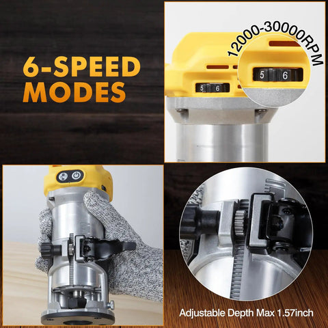 Beast Cordless Trim Router With 800W Brushless Motor Delivers Up To 30,000 RPM, 6 Speed Settings in use, detailed view.