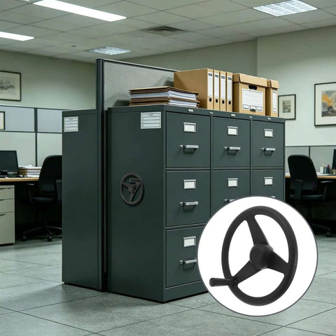 Smooth Tri Spoke Compact Shelving Handwheel In Stylish Black Plastic Crank Handle For Effortless Manual Drive And Easy Archive Rack Storage Access Without Strain on office filing cabinet