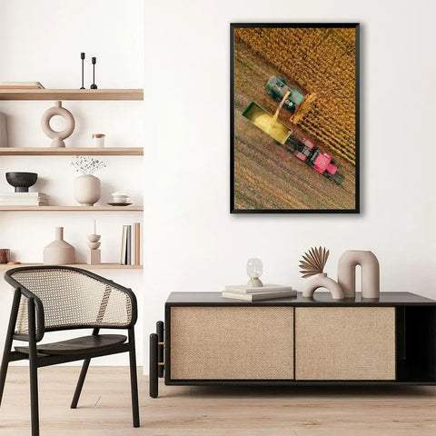 Dope Harvest Scene Black Framed Canvas Wall Art 16x24 Inches For Bedroom Living Room Kitchen Bathroom Farmhouse Rustic Decor With Golden Corn Field And Harvest Machinery Silhouette on wall
