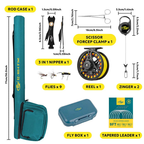9Ft 5Wt Fly Fishing Rod Combo Starter Kit With 4 Piece Carbon Fiber Rod Semi Gloss Green Jade Finish Includes Reel Pre Loaded Line Backing Tapered Leader Travel Case Fly Box Flies Zinger Nippers Knot Tying Tools Go To Gear overview