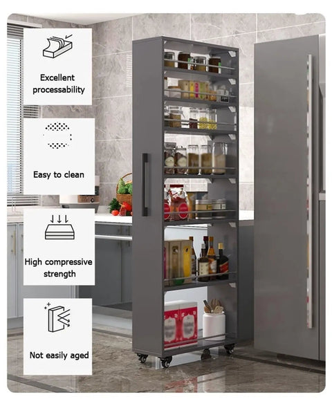 Seven Tier Narrow Rolling Cart With Slick Casters Fits Snug In Tight Kitchen Corners Hella Sturdy Slim Storage Rack With Sure Grip Handle And Bold Red Finish For Cooking Essentials in a modern kitchen.