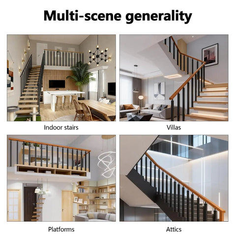 Various indoor settings showcasing Top Shelf Holeless Stair Railing Spindles Modern Metal Balusters with Matte Finish.