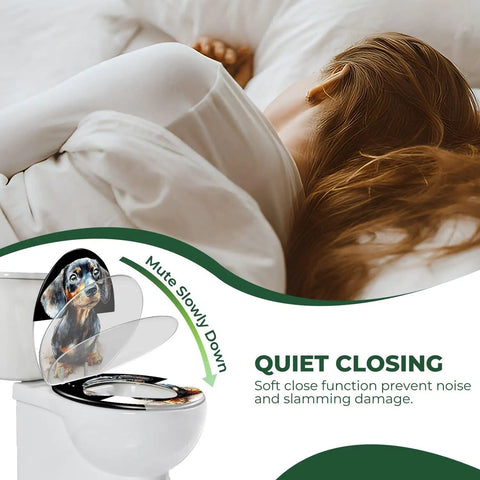 Elongated Toilet Seat Quiet Close Bathroom with soft close feature and dachshund design, shown above a sleeping person.