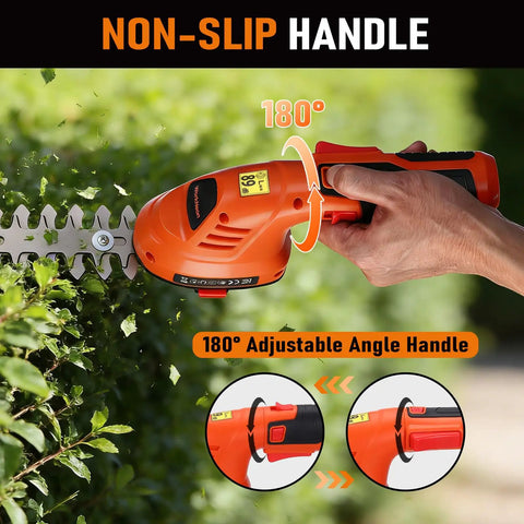 Cordless 2 In 1 Hedge Trimmer And Grass Cutter demonstrating non-slip handle and 180° rotatable handle for easy trimming