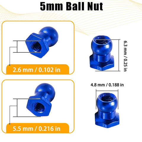 5mm Ball Head Nuts 10 Pack Aluminum Alloy Upgrade Kit For 53640 RC Cars, detailed dimensions, blue finish, close-up view