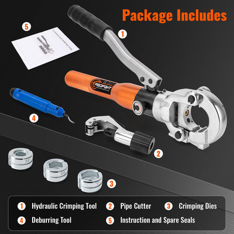 Heavy Duty Hydraulic Pipe Crimping Tool With 1/2 3/4 And 1 Inch Jaws For Copper Tube Fittings package includes hydraulic crimper and tools.