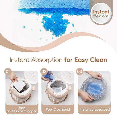 Instant absorption feature of Road Trip Ready Foldable Toddler Potty Seat Portable Kids Travel Toilet for easy clean.