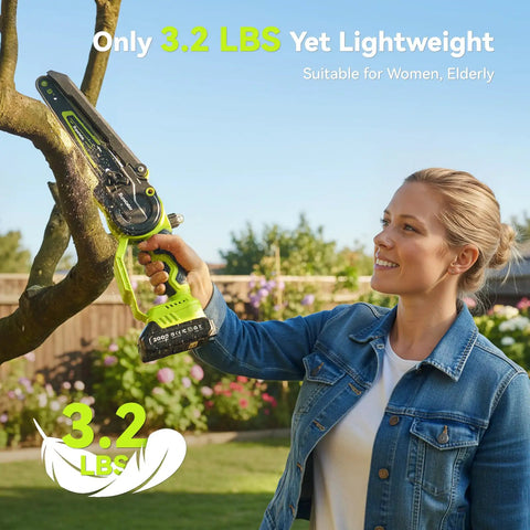 Woman using Cordless Mini Chainsaw With Dual 6 Inch And 8 Inch Guide Bars, 1000W Brushless Handheld Power Saw for pruning