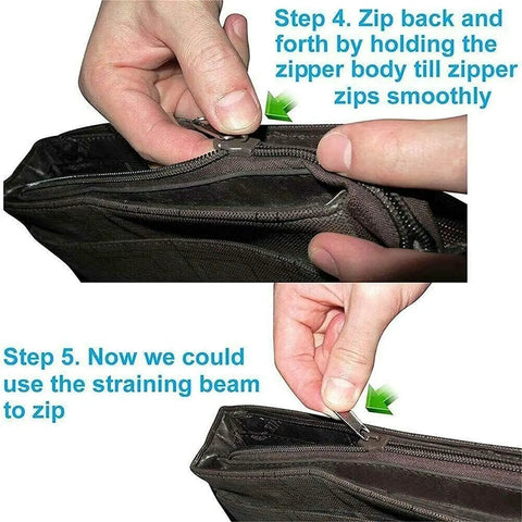 Hands using 12Pcs Black Zipper Pull Replacement Kit With Instant Fix Sliders For Coats Jackets Luggage And Backpacks Universal Zipper Repair Set No Tools Needed Easy Fix on a black bag.