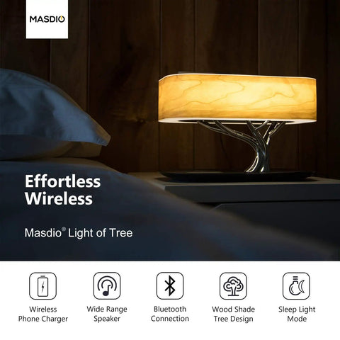Tree Of Aura Smart Bedside Lamp With Wireless Charging, Bluetooth Speaker on nightstand with warm dimmable light in bedroom.