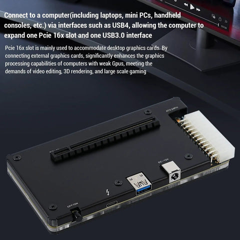 Level Up Your Setup With This Badass External Gpu Enclosure Compatible With Thunderbolt 3 4 And Usb4 Featuring Atx 24Pin Power Supply And Pcie 16X Slot For Laptops Mini Pc Desktop Expansion Plus One Meter Cable, showing PCIe 16X slot and USB3.0 interface.