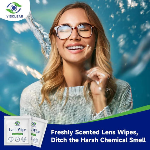 VisClear Lens Wipes for Eyeglasses, 100-count, ocean scent, individually wrapped; two wipe packets shown.