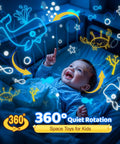 Child in blue room with Kids Space Projector Night Light With 360 Degree Rotation And Five Projection Films, playful night scene.