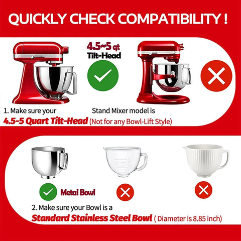 Compatibility guide for stand mixers with 4.5-5 qt tilt-head, stainless steel bowl shown, not bowl-lift style, various bowls displayed.