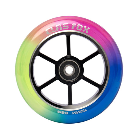 Top Shelf Pro Stunt Scooter Wheels 110Mm With Fast Rolling Abec 9 Bearings And Cnc Machined Aluminum Core Mid Rebound Polyurethane Shell Designed For Nailing Every Kick Flip Tricking Session Red Yellow Blue, rainbow wheel design.