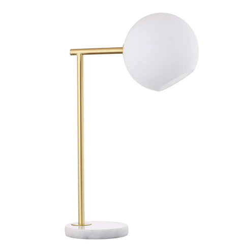 Gold And White Modern Metal Marble LED Bedside Lamp With Frosted Glass Globe Shade Sleek Minimalist Scandinavian Style For Bedroom And Living Room Includes Energy Saving LED Bulbs ETL Listed.