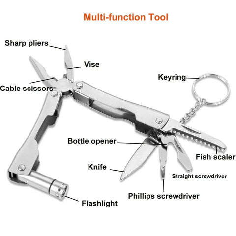Six In One Waterproof Survival Gear Kit for Camping Hiking Travel and Adventures multifunction tool with pliers and cutters.