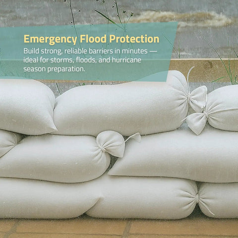 Built Like A Tank Empty Sandbags For Flood Control And Canopy Weights stacked for emergency flood protection in heavy rain.