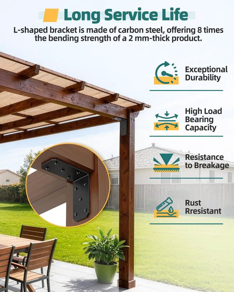 Heavy Duty Corner L Brackets 5 X 5 X 2.5 Inches Steel 90 Degree Corner Braces installed on wooden structure in yard.