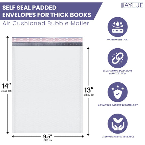 10x13 Inch Poly Bubble Mailers with Self Seal Padded Envelopes for thick books, air cushioned protection, waterproof, packed