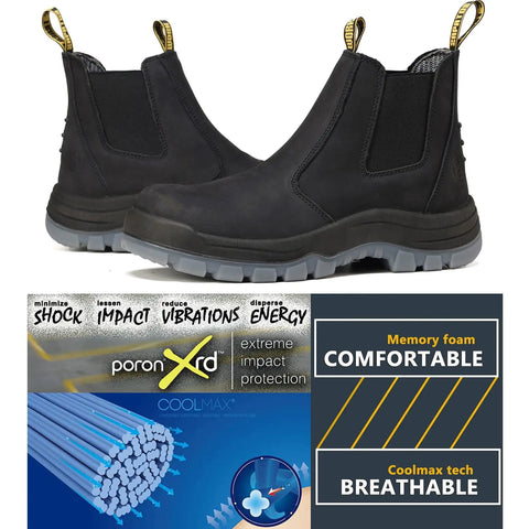Composite Toe Waterproof Work Boots For Men Slip On Safety Shoes with anti-static, slip-resistant sole and memory foam, black.