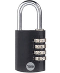 4 Digit Combo Padlock For Indoor And Outdoor Use All Weather Waterproof With Hardened Steel Shackle, black body, and combination dials
