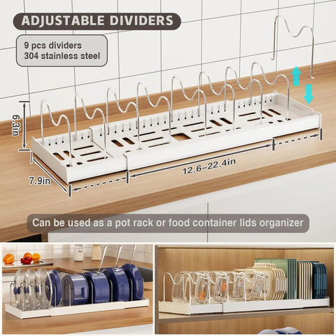 2 Pack Expandable Pots And Pans Lid Organizer Rack For Under Cabinet Storage With 9 Adjustable Dividers, White, Extends From 12.6 To 22.4 Inches