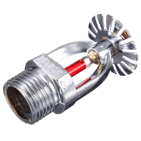 Slick Chrome Plated Copper Pendent Fire Sprinkler Heads Four Pack With Kickass One Half Inch NPT Threads And Hella Dependable 155 Fahrenheit Red Bulb For Super Smooth Indoor Coverage - close-up of a chrome sprinkler head