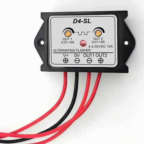 Adjustable Dual Wig Wag Flasher Relay Module For DC 4.5 To 30V, 10A With Independent Timing Pots To Dial On Times From 0.01 To 15 Seconds, Perfect For Car Signals, LED Projects, And Custom Flash Patterns. black wired control module with labeled terminals