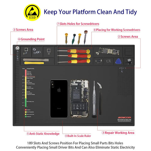 18x12 Inch ESD Silicone Soldering Mat Anti Static Repair Work Surface Kit with screwdrivers, tools, and slots visible
