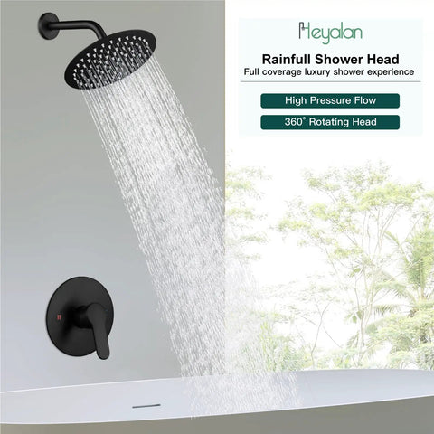 Heavy Duty 8 Inch Round Rain Shower Head With Smooth Flow Valve Slick Matte Black Bath Fixture Set Wall Mounted Bathroom Upgrade Kit in action with water flow.
