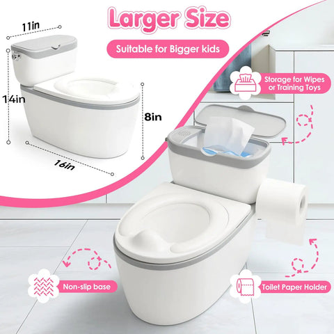 Tot Sized Three In One Potty Training Toilet With Realistic Flush Sounds And Removable Seat That Doubles As A Comfy Stool showing larger size dimensions.