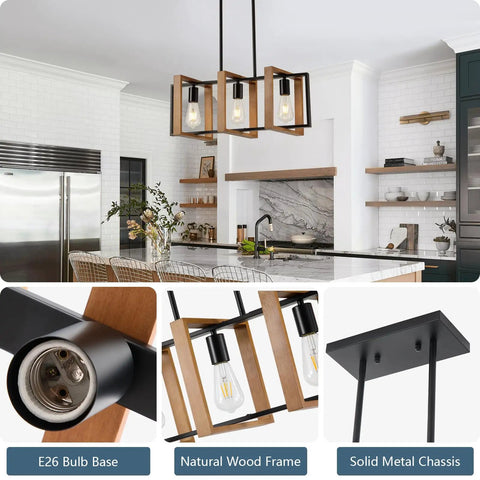 Modern Farmhouse 23.6 Inch Kitchen Island Light With Three Lights, Rectangular Dining Table Chandelier, E26 Base, Wood Frame, Metal Body