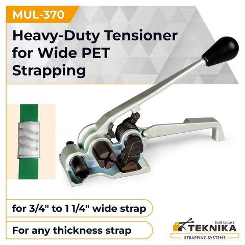 Heavy Duty Tensioner For Wide PET Strapping Featuring Patented Vertical Gripper Design with lever for 3/4" to 1 1/4" straps.