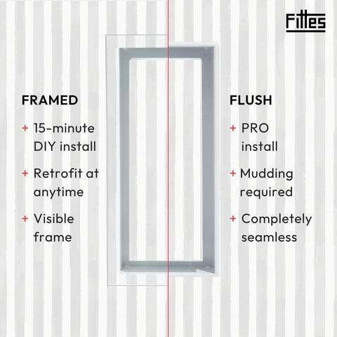 Comparison of framed vs flush mount installation for Flush Mount Wall Vent Cover 4x10 Inch, Minimalist White ABS Plastic HVAC Air Return Grille