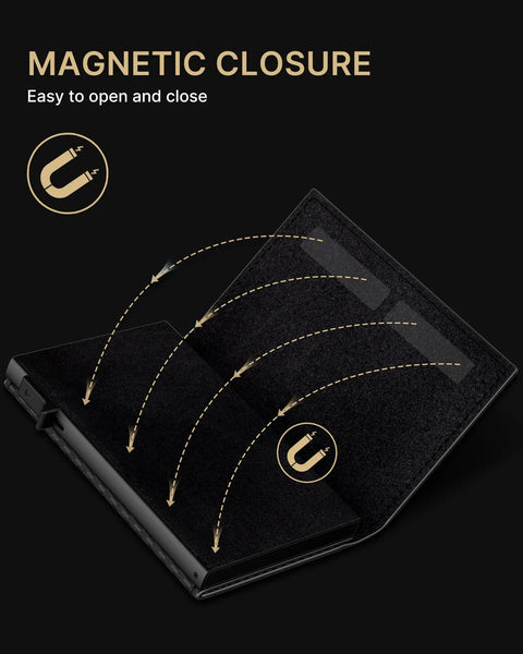 Pop Up Aluminum Card Wallet With RFID Blocking, magnetic closure detail, slim minimalist front pocket carry, open view