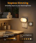 Plug In Night Light With Motion Sensor, Stepless Brightness From 1 To 120 Lumens installed in bathroom, showing dimming options