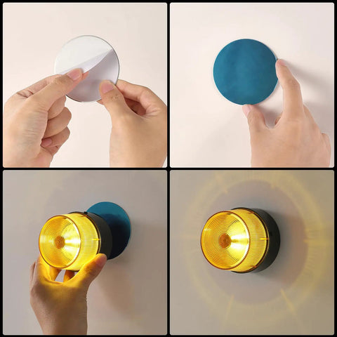 Hands installing Rock Solid Amber Led Strobe Beacon With Usb Rechargeable Power and Heavy Duty Magnetic Mount on a wall.