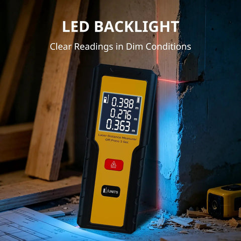 The Slick Pocket Laser Distance Meter Spanning 165 Feet With Dead Nuts Accuracy And Rapid Foot Or Metric Toggle, showing backlit display.