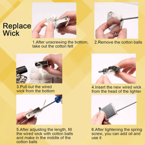 Universal Lighter Repair Kit Stuffed With Top Shelf Flint Stones Fresh Cotton Wicks And Heavy Duty Striker Wheels For Rock Solid Fire Sparks On The Go, step-by-step wick replacement guide.