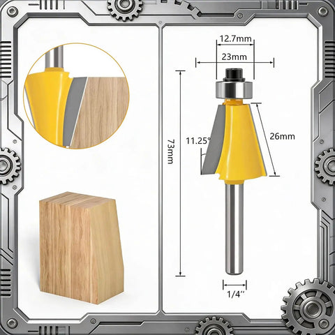 Top Shelf Five Piece Chamfer Router Bit Set With Quarter Inch Shank delivering sweet cuts from 11.5 to 45 degrees showing detailed measurements and yellow blade.